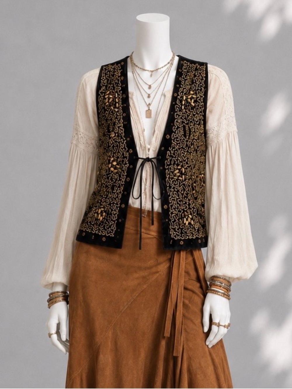 Vintage Whimsigoth Vest M Black Gold Beaded Embroidered Boho Festival by effeci